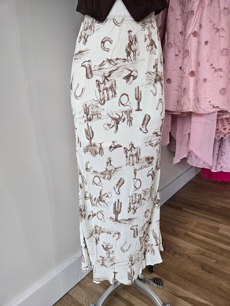 Brown Western Print Lace Trim Midi Skirt