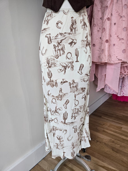 Brown Western Print Lace Trim Midi Skirt