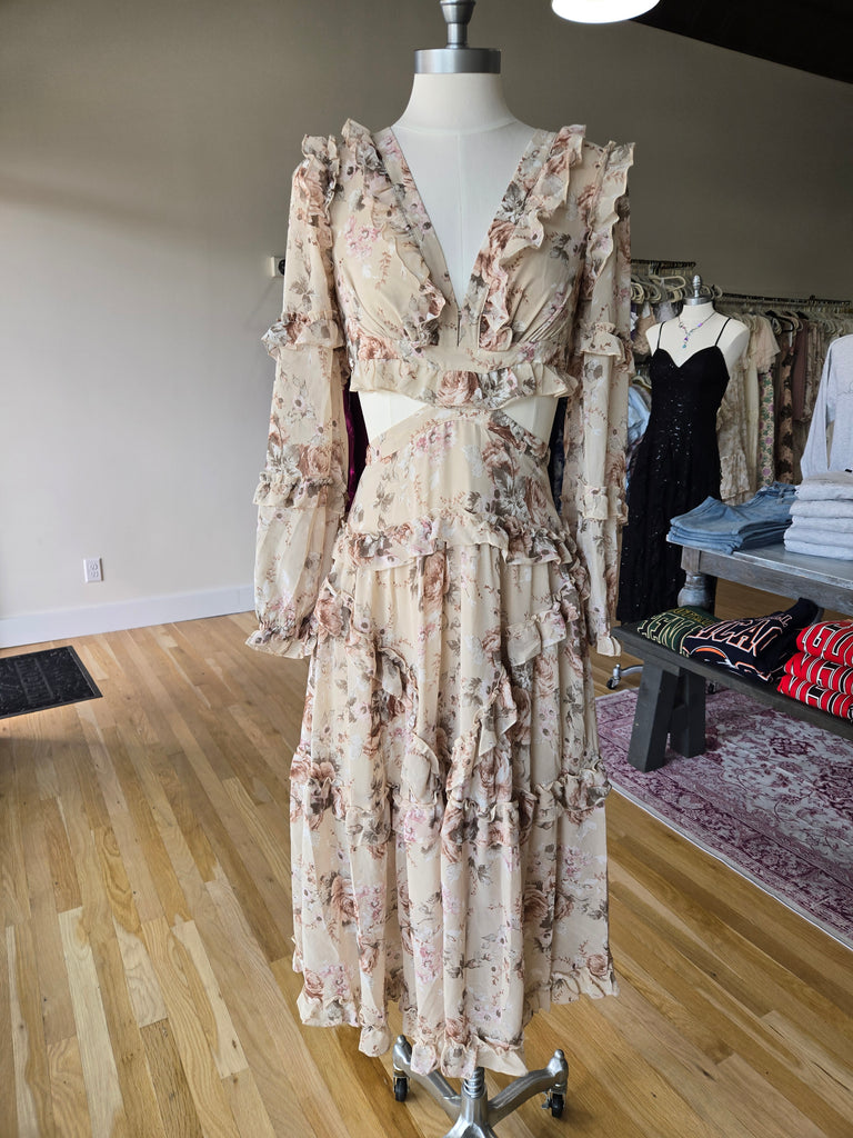Taupe Floral Cutout Midi Dress