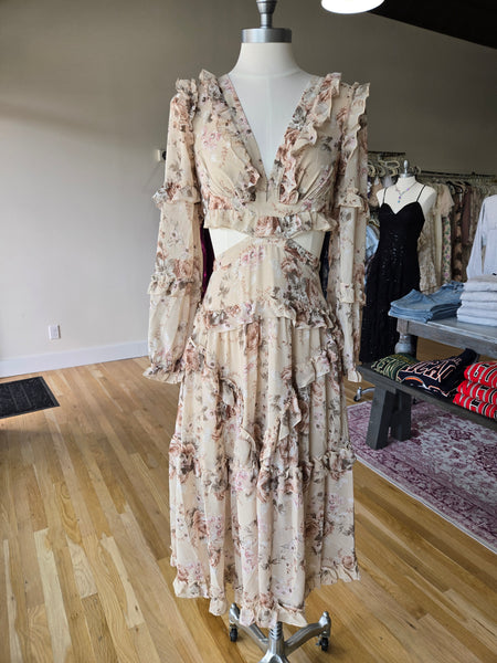 Taupe Floral Cutout Midi Dress
