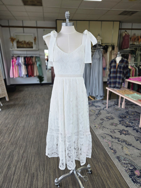 Off White Tie Shoulder Lace Midi Dress
