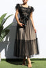 Black/Nude Lace Mesh Midi Dress W/Satin Belt