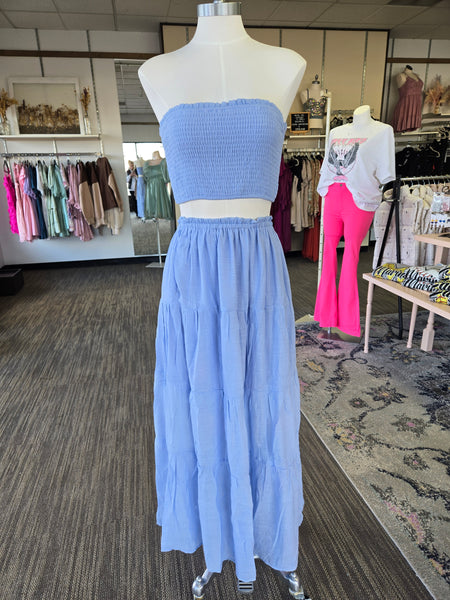 Blue Smocked Tube Top & Tiered Skirt Set