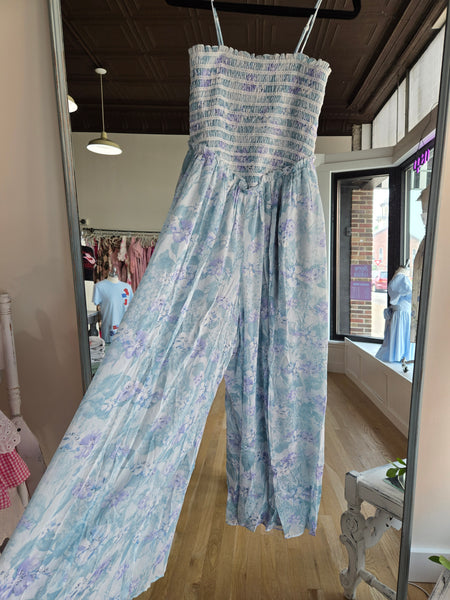 Mint Wide Leg Smock Floral Jumpsuit
