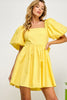 Yellow Puff Sleeve Bow-back Mini Dress