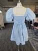 Blue Puff Sleeve Bow-back Mini Dress
