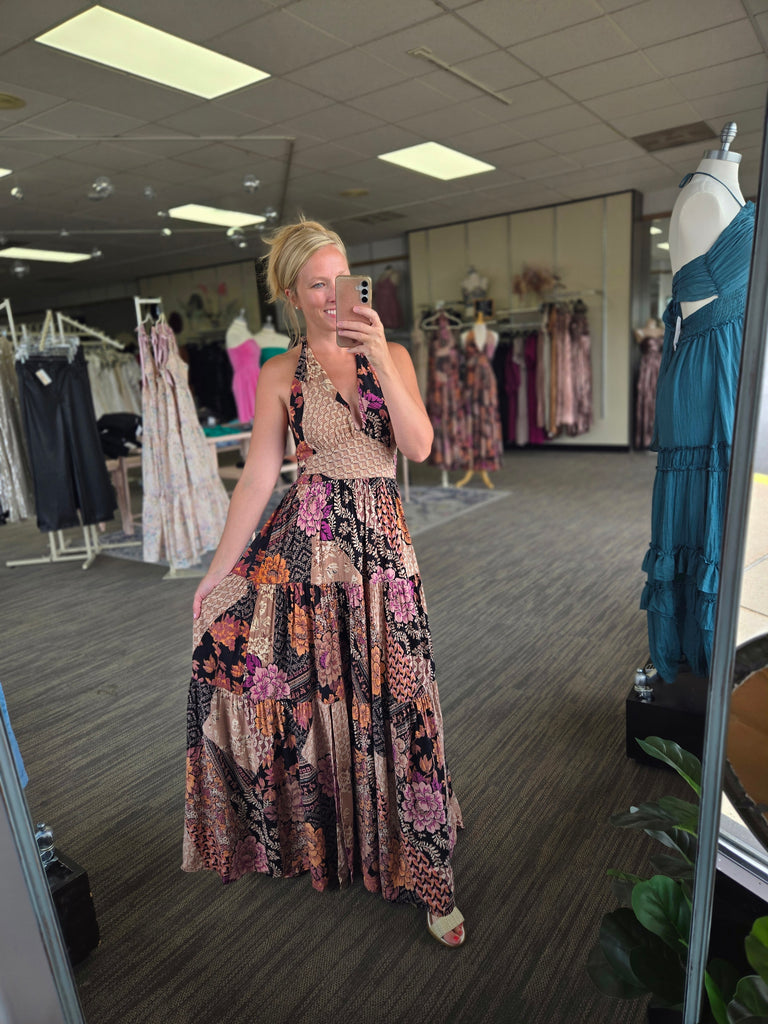 Midnight Bloom Halter Dress