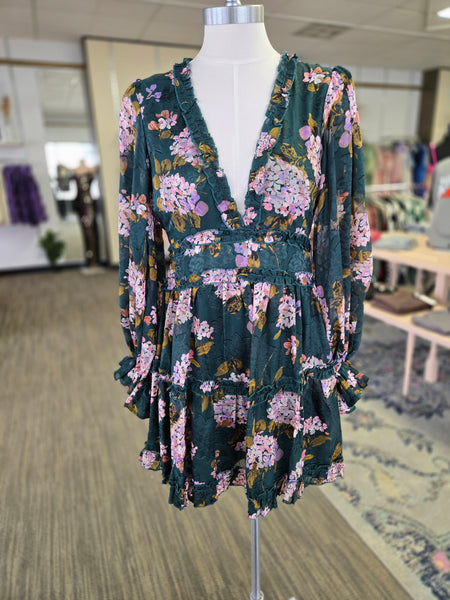 Hunter Green Open Back Floral Print Dress