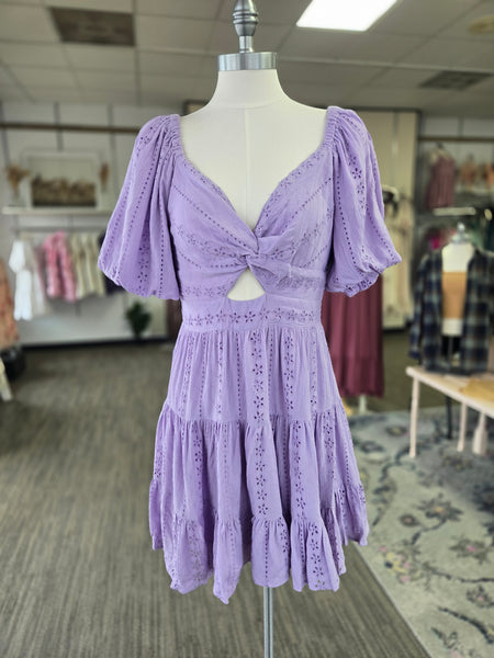 Lavender Eyelet Lace Front Twist Mini Dress