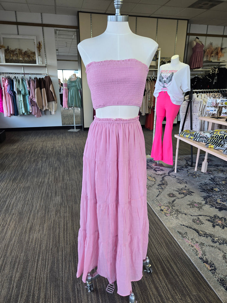 Pink Smocked Tube Top & Tiered Skirt Set