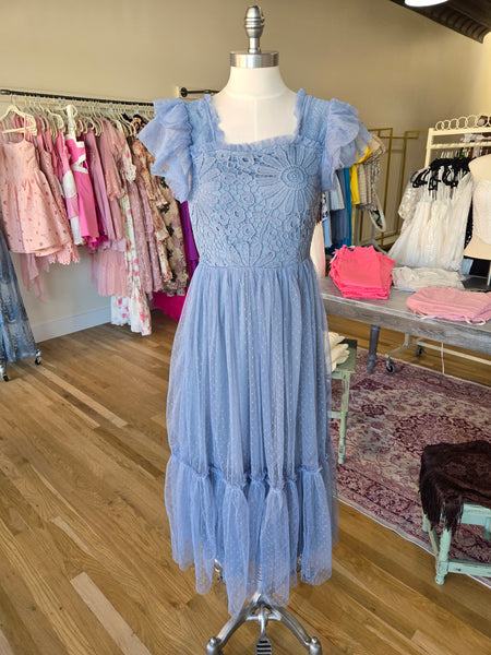 Blue Crochet Mesh Midi Dress