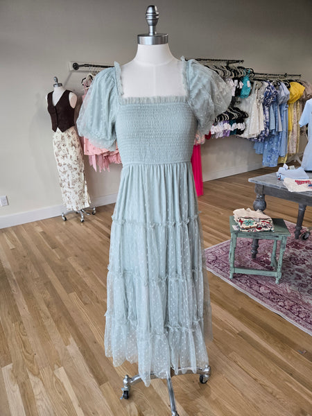 Sage Tulle Puff Sleeve Smocked Midi
