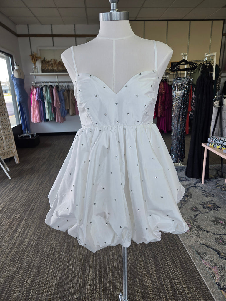 Ivory Rhinestone Balloon Taffeta Mini Dress