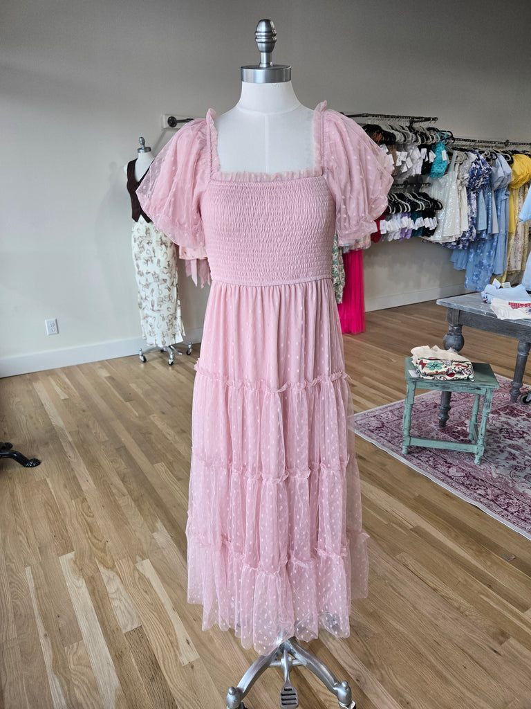 Blush Tulle Puff Sleeve Smocked Midi