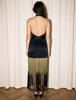 Black Satin Ombre Fringe Halter Wrap Dress