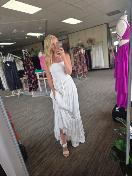Off White Smocked Open Back Maxi Dress