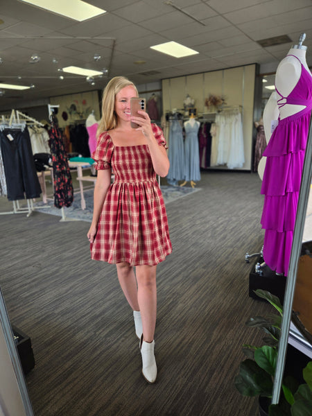 Burgundy/Tan Plaid Smocked Mini Dress