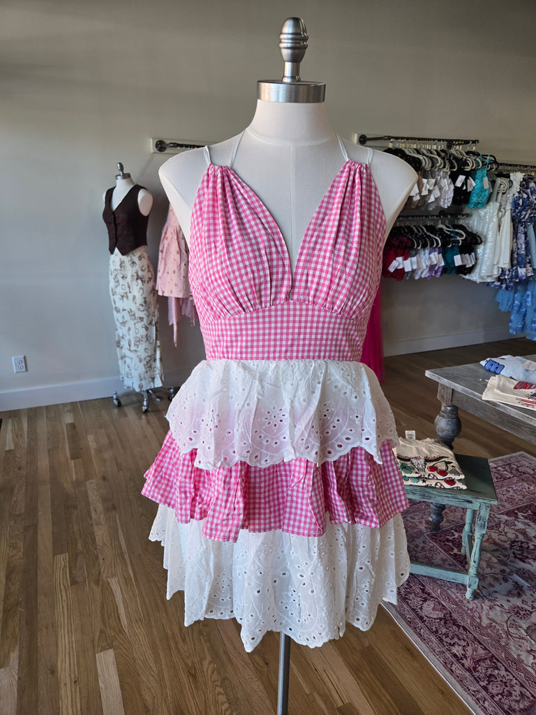 Pink & White Eyelet Ruffle Plaid Mini Dress