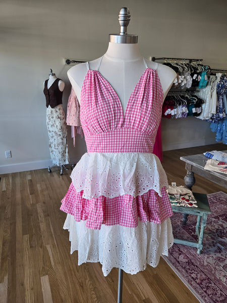 Pink & White Eyelet Ruffle Plaid Mini Dress
