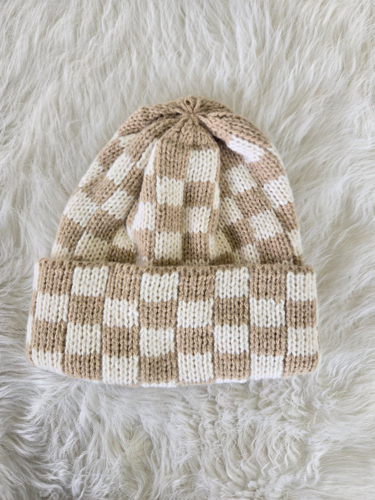 Tan Checker Soft Plush Beanie Hat