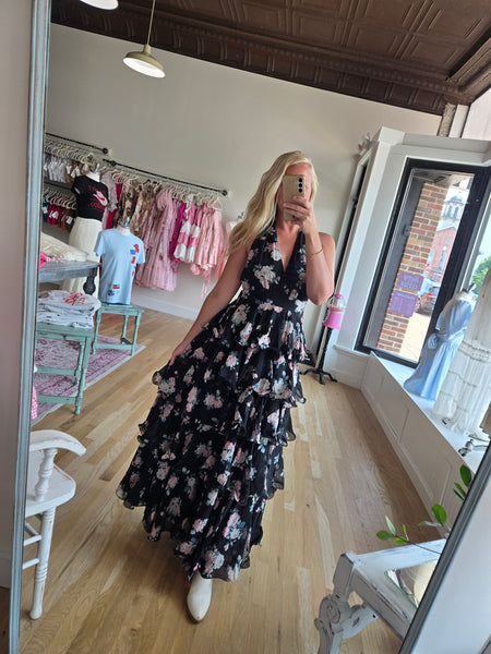 Black Floral Halter Maxi Dress