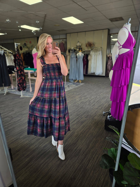 Navy Multi Plaid Smocked Midi Dress