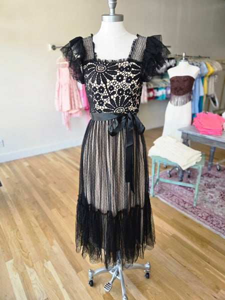 Black/Nude Lace Mesh Midi Dress W/Satin Belt
