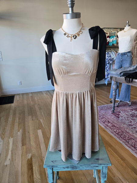 Champagne Velvet Mini Dress W/ Ribbon Strap