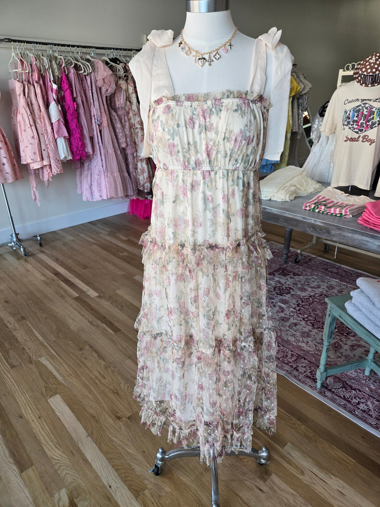 Cream Floral Bow Detail Midi Dress