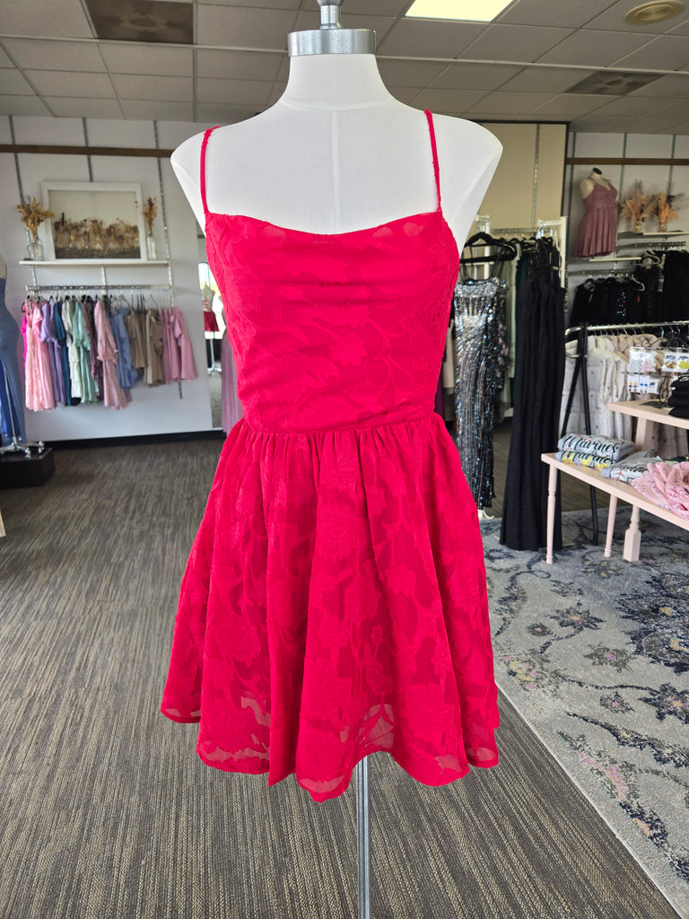 Red Flower Lace Ruffle Flare Mini Dress