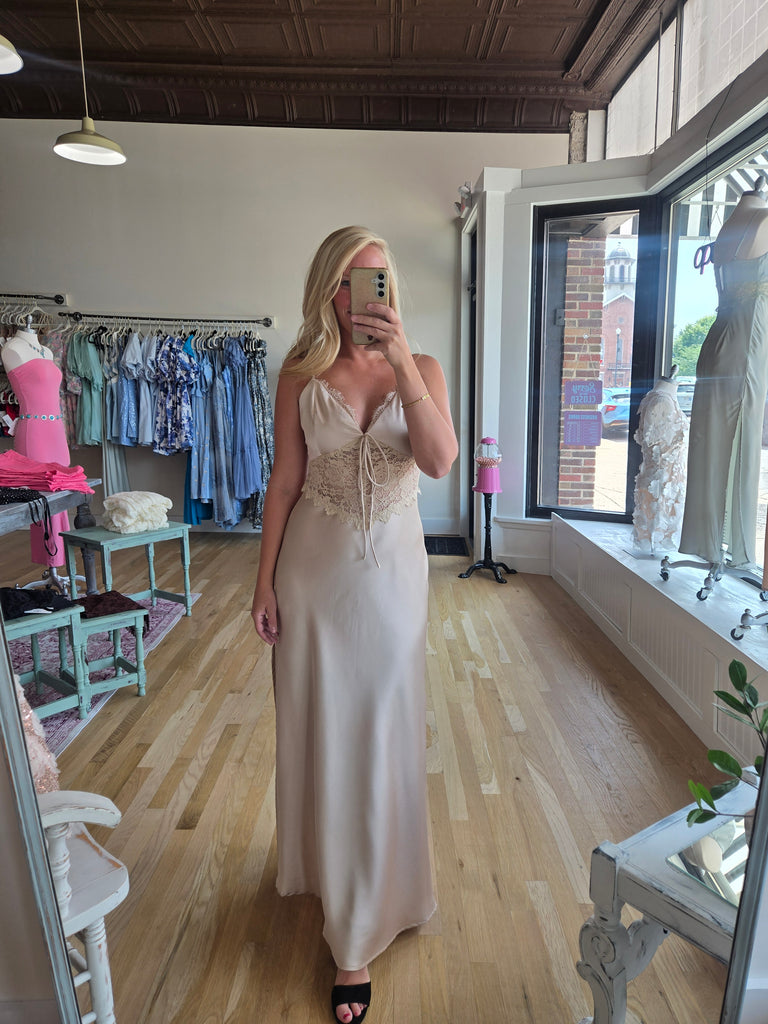 Lt Champagne Satin Lace Detail Maxi Dress