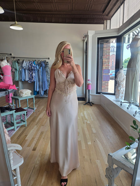 Lt Champagne Satin Lace Detail Maxi Dress