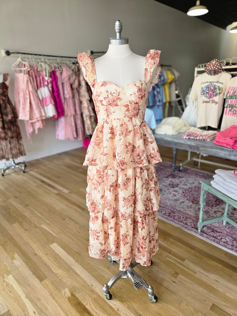 Rose Floral Tiered Midi Dress