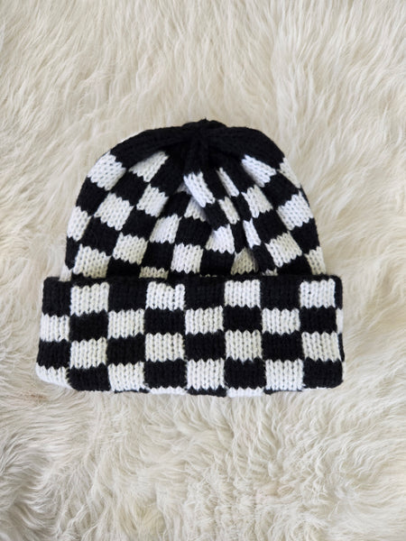 Black Checker Soft Plush Beanie Hat