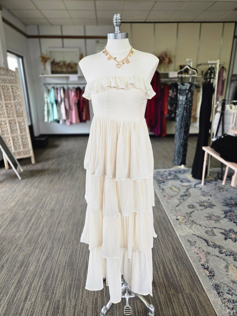 Cream Tiered Strapless Ruffle Dress