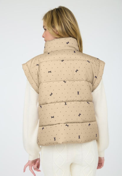 Light Khaki Polka Dot & Bow Puffer Vest
