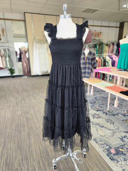 Black Tulle Smoked Midi Dress