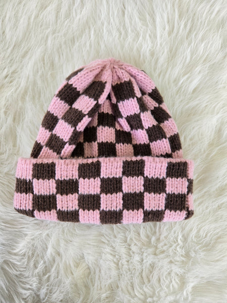 Pink Checker Soft Plush Beanie Hat