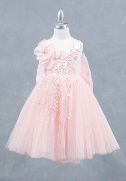 Blush Floral Embellishments Ruffle Back Girls Dress