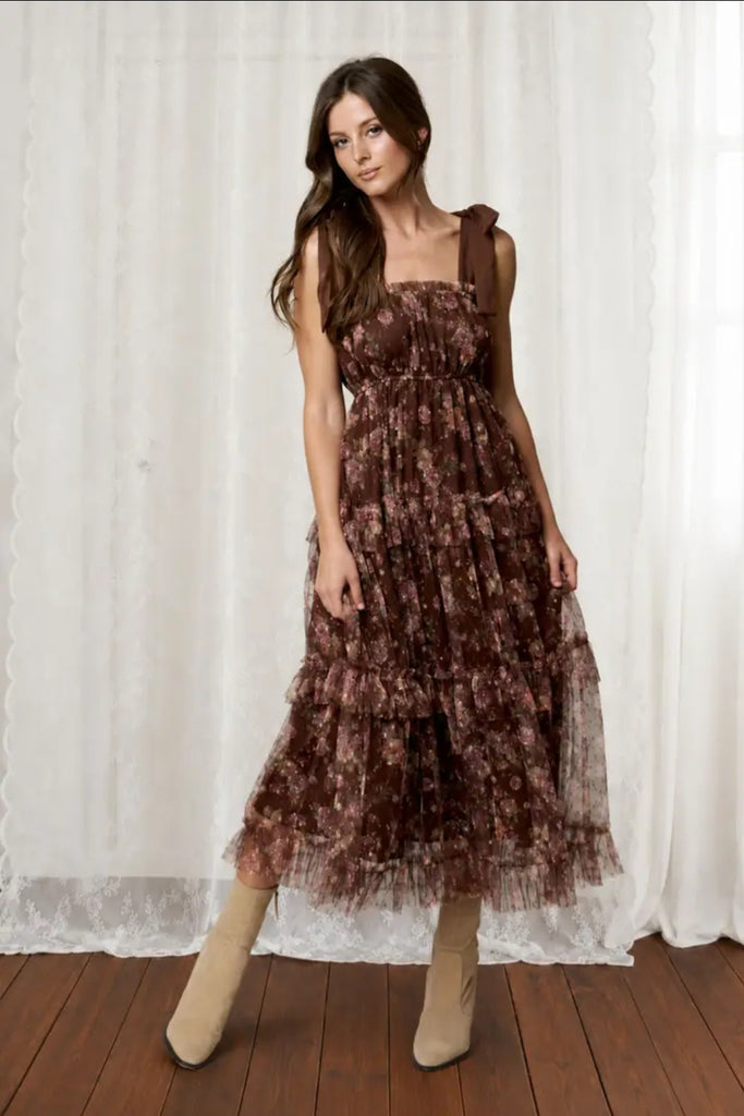 Brown Floral Bow Detail Midi Dress