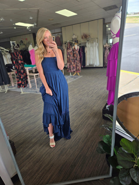 Navy Smocked Open Back Maxi Dress