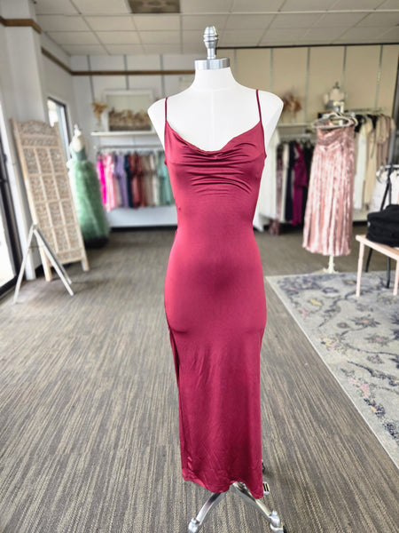 Wine Wood Cowl Neck W Layered Strap Maxi Dress