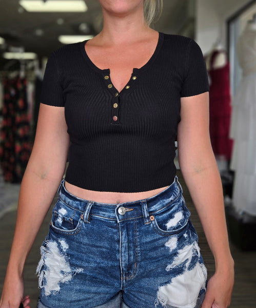 Black Ribbed Snap Button Crop Top