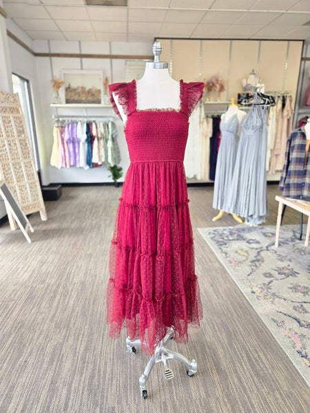 Burgundy Tulle Smoked Midi Dress
