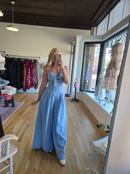 Blue Bow Detail Wide Leg Jumpsuit