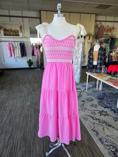 Pink Embroidery Smocked Midi Dress