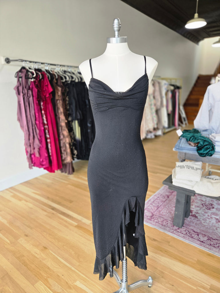 Black Rhinestone Ruffle Dress