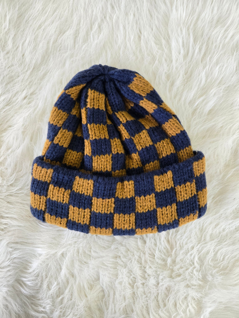 Navy Checker Soft Plush Beanie Hat