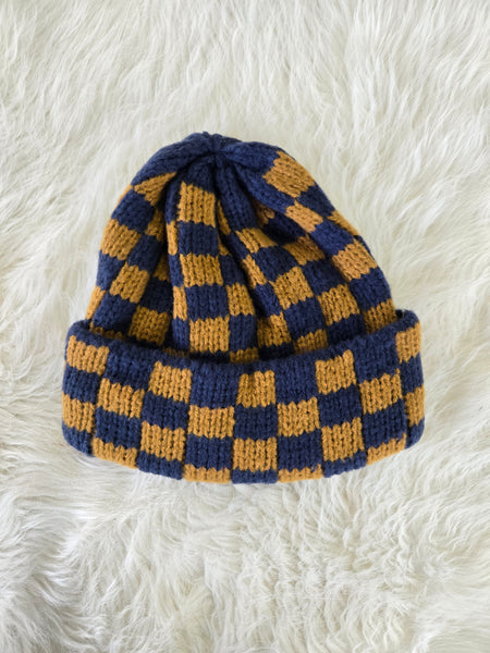 Navy Checker Soft Plush Beanie Hat
