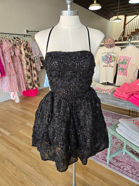 Black Strappy Open Back 3d Sequin Lace Mini Dress
